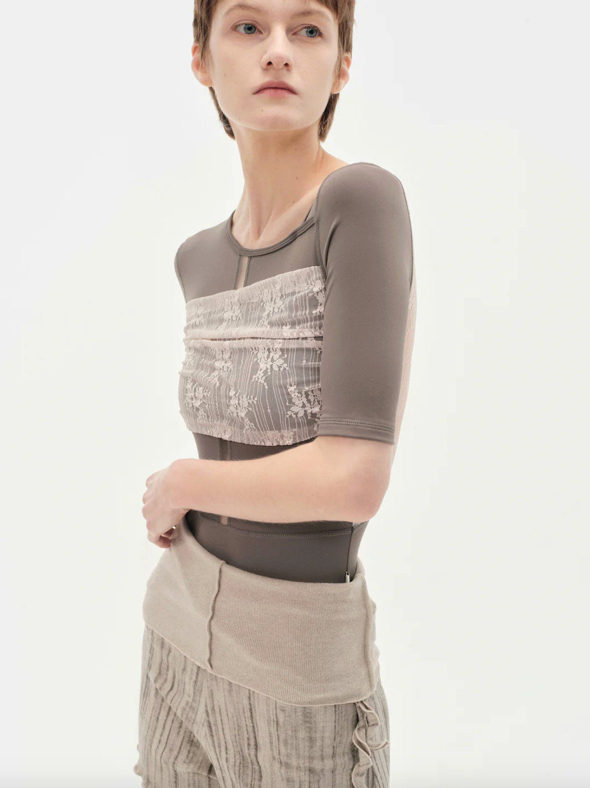 Leotardo Brown with Nude Pink Lace Short Sleeves Typha
