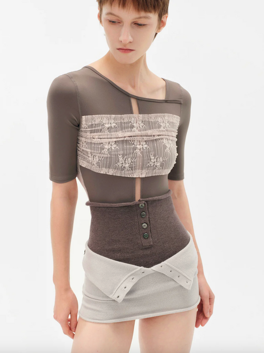 Leotardo Brown with Nude Pink Lace Short Sleeves Typha