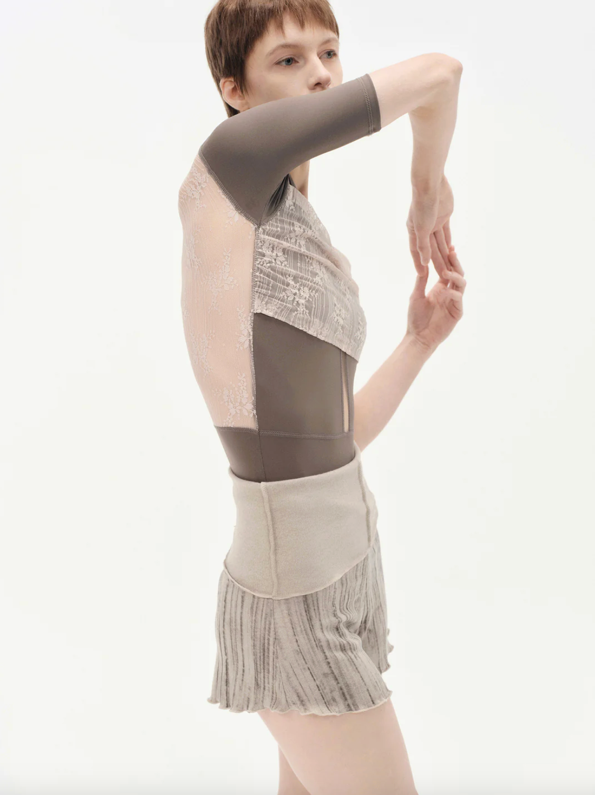 Leotardo Brown with Nude Pink Lace Short Sleeves Typha