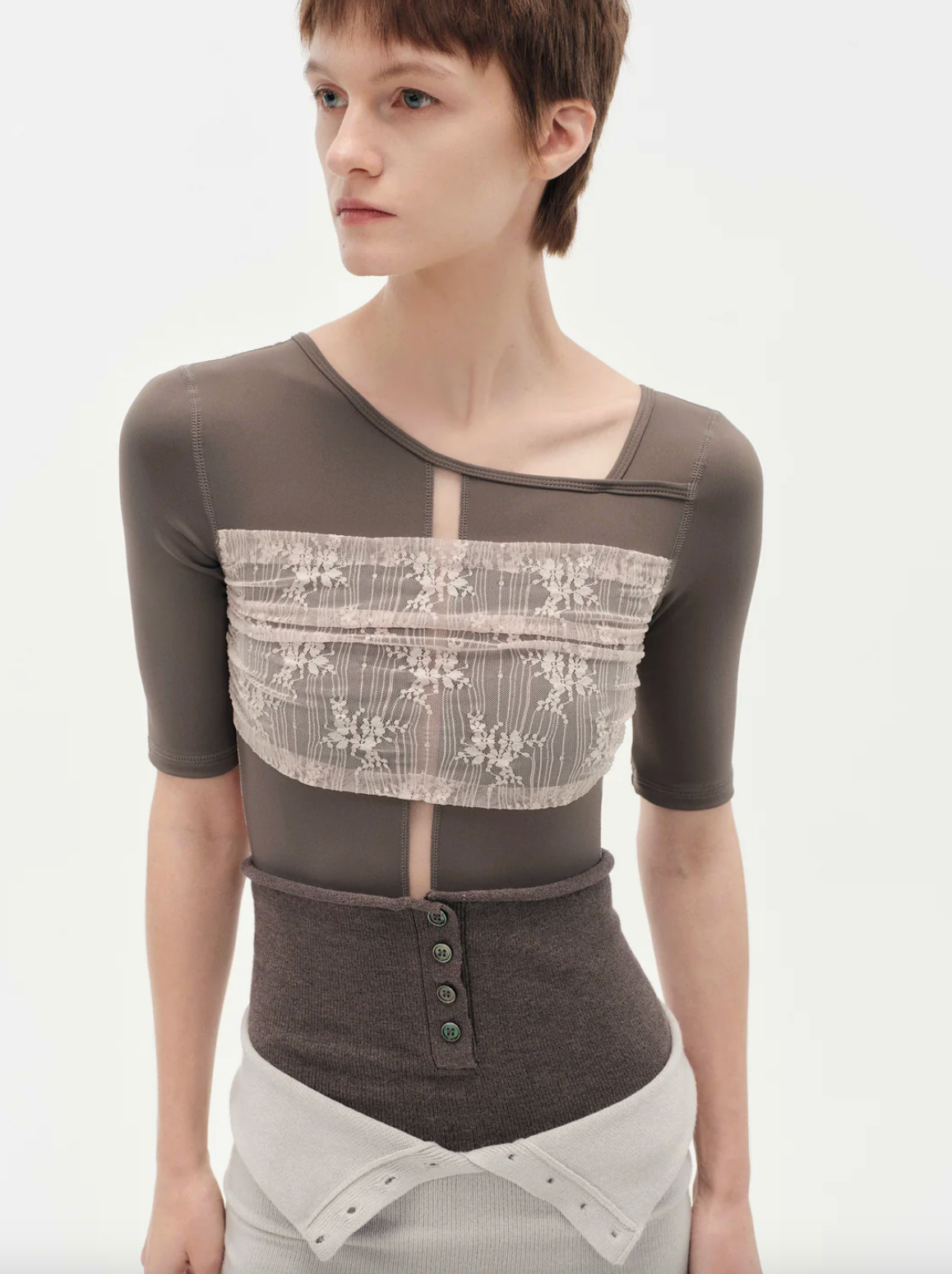 Leotardo Brown with Nude Pink Lace Short Sleeves Typha