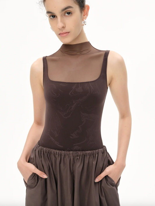 Leotardo High-Neck Dark Chocolate Mesh with Flowing Texture
